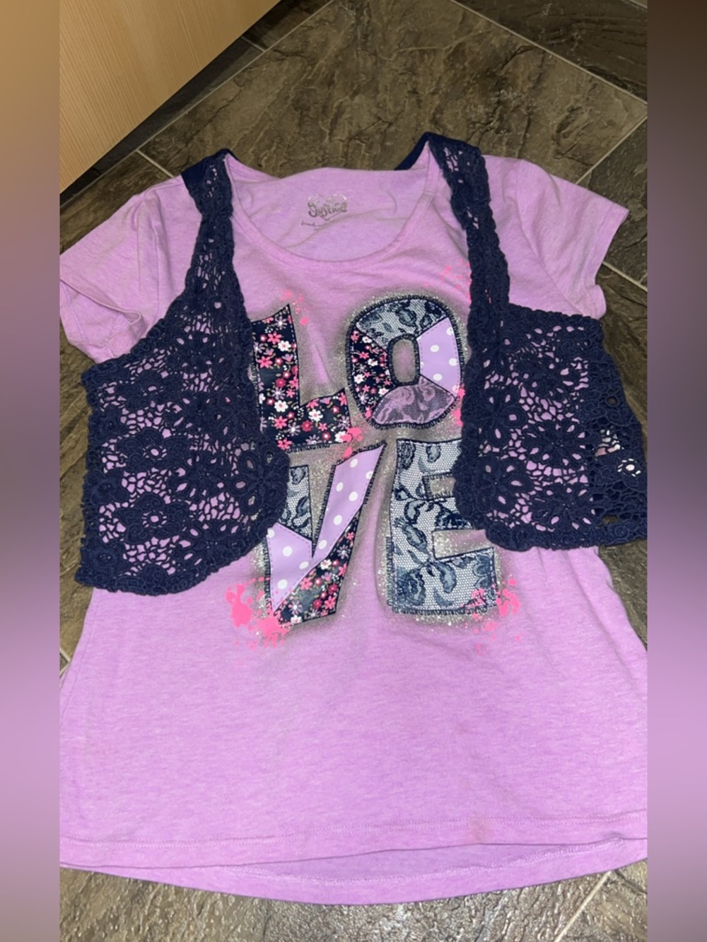 Justice Pink Tee with Navy Crochet Vest - Girls Short Sleeve Top